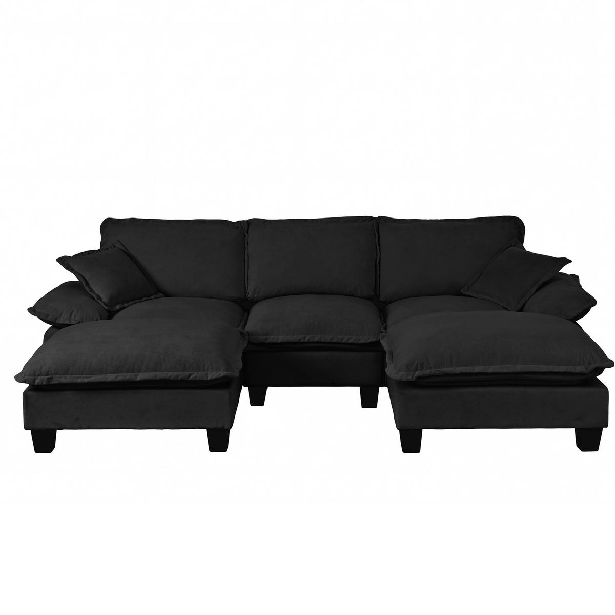 WOHNLANDSCHAFT aus Chenille 224x155x90 cm in Schwarz mit 2 Ottomanen & 2 Kissen - Schwarz, Textil (155/90/224cm) - Modfu