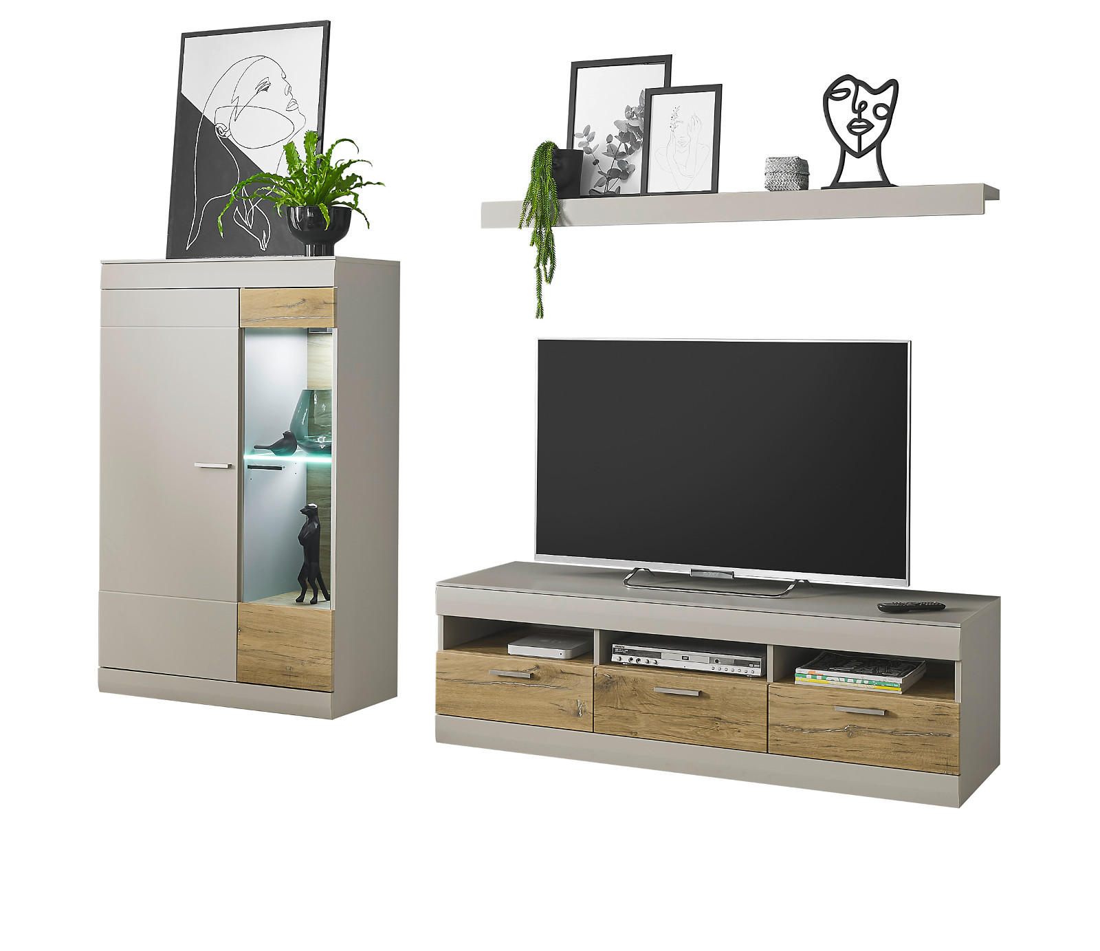 EX WOHNWAND grau matt, Zinneiche 3-teilig 250 cm, Komplettset mit Soft-Close - Eichefarben/Silberfarben, Glas/Holzwerkstoff (250/170/45cm) - Furn.Design