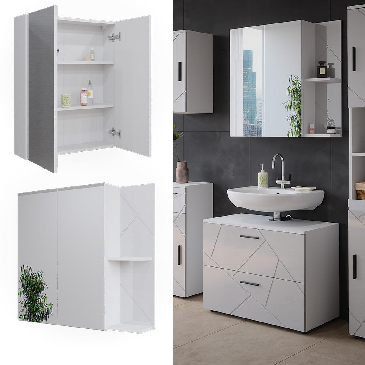 BADSPIEGELSCHRANK Irma Weiß Hochglanz 80 x 75 cm - Weiß Hochglanz/Weiß, Holzwerkstoff (80/75/17.2cm) - Vicco