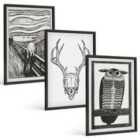 BILDER SET 3er Set - 40x60 cm Schwarzer Rahmen - Grafiken mit schreiendem Totenkopf-Eulen - Schwarz, Kunststoff (40/60cm) - TULUP