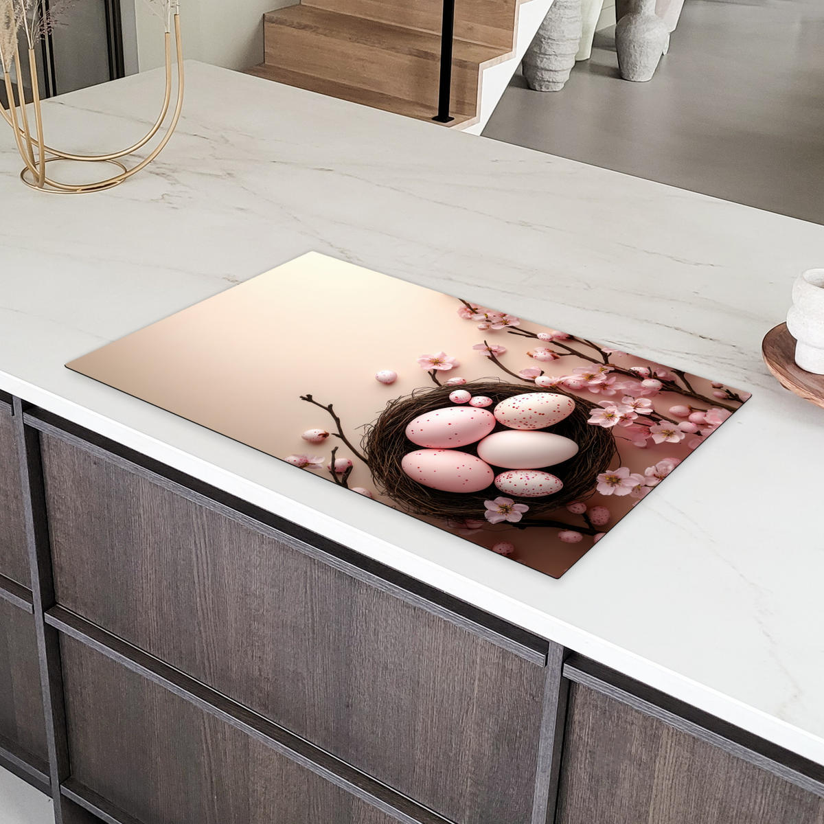 HERDABDECKPLATTE Rosa - Blüten - Eier Ceranfeldabdeckung 90x52 cm - Hellrosa, Kunststoff (90/52/0.2cm) - MuchoWow