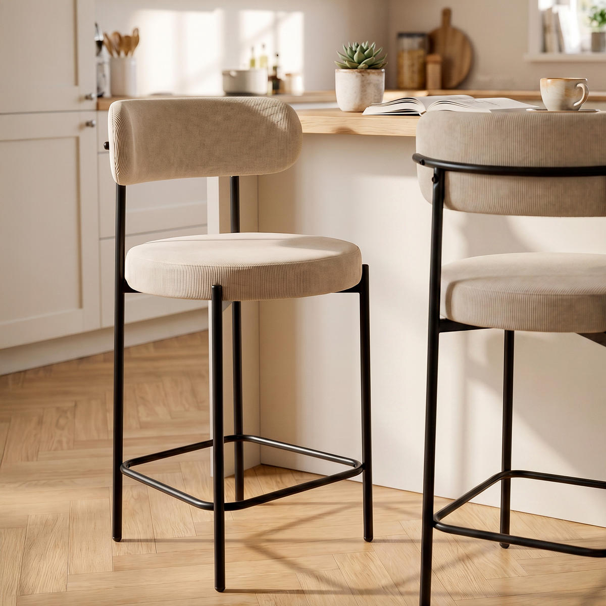 BARHOCKER 2er-Set H65cm, gepolstert aus beigem Cordsamt mit schwarzem Metallgestell IRIS - Beige/Schwarz, Textil/Metall (53.5/96/53cm) - Sicaan