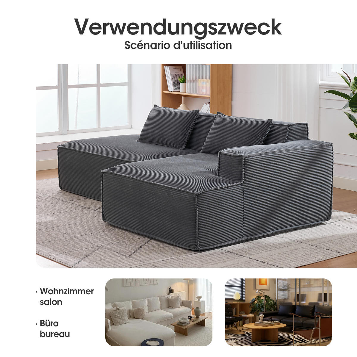 ROHOVÁ POHOVKA čalouněná s taštičkovými pružinami a 2 polštáři - šedá, textil (235/129cm) - Urban Meuble