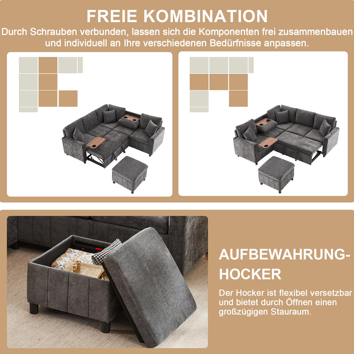 SOFA Grau Ecksofa Chenille Schlaffunktion USB Couchtisch 205cm - Grau, Textil (205/85/205cm) - FLIEKS