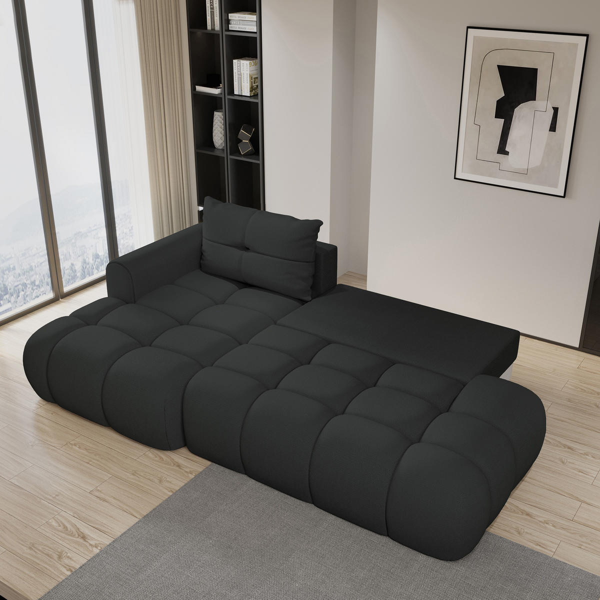 ECKSOFA FLUMA L-S Schwarz Geflochtener Stoff mit Schlaffunktion - Schwarz, Holz (274/165cm) - MASSENO