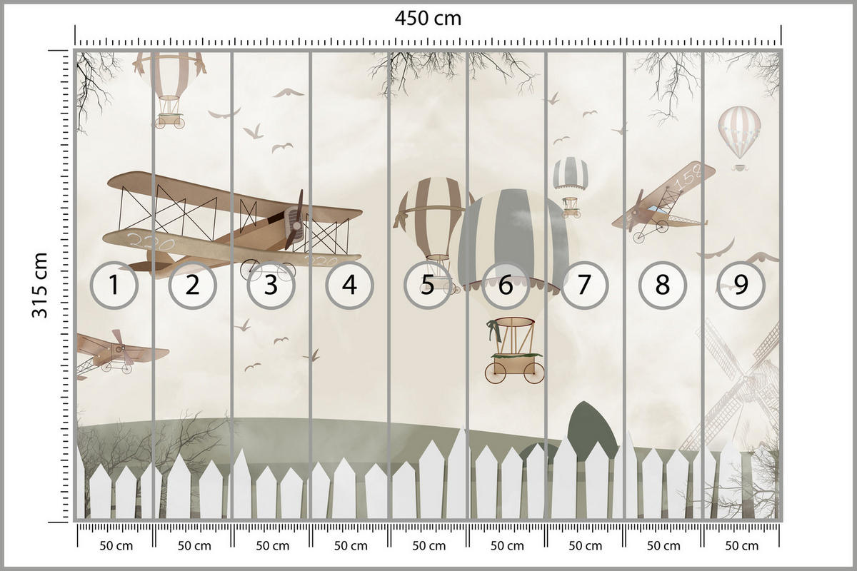 FOTOTAPETE für Kinderzimmer Retro Flugzeuge Ballons Vintage Beige 450x315 - Beige/Braun, Papier (450/315cm) - Muralo