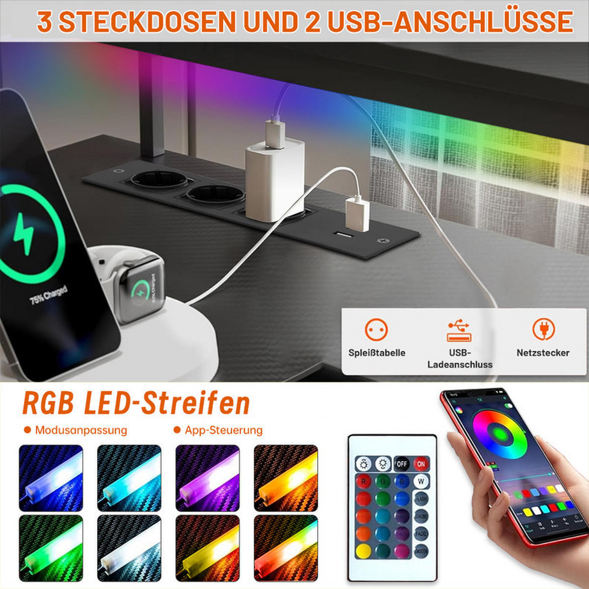 GAMINGTISCH L-förmig, 140 x 120 x 75 cm, Eck-Computertisch mit Stauraum, Monitorständer, 2 USB-Ladegerät, 3 Steckdosen, LED - Schwarz, Metall (140/48/75cm)