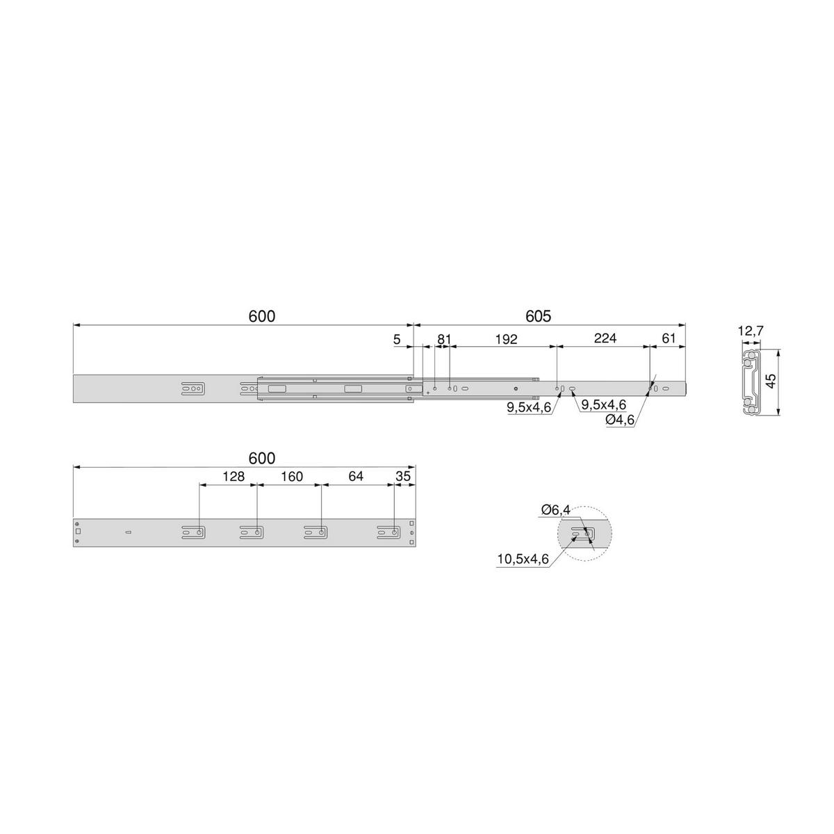 KUGELFÜHRUNGEN Höhe 45mm, Tiefe 600mm, Vollauszug, mit Push, mit Schließautomatik, Verzinkt 5er-set - Zinkfarben, Metall (15.5/6/62.5cm) - EMUCA