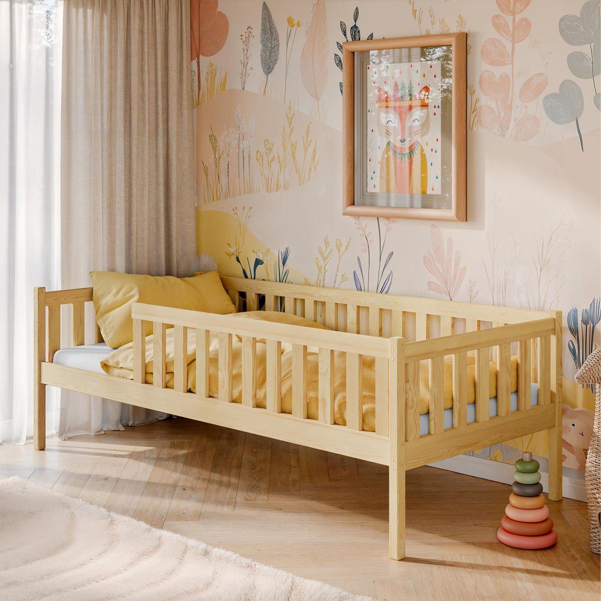 DETSKÁ POSTEĽ s bezpečnostnou zábranou proti pádu a roštom 80x160 v prírodnej farbe - prírodná farba, drevo - Kids Collective