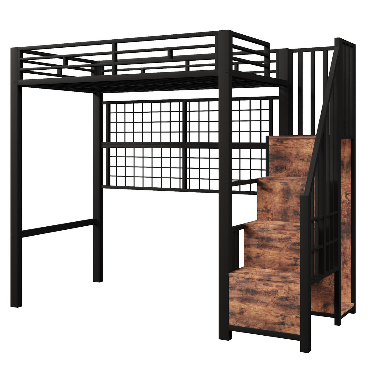 HOCHBETT aus Metall und MDF 90x200 cm Schwarz mit Kleiderschrank, Stauraumleiter, Hängegitter und 7-Farben-LED - Schwarz, Metall (90/200cm) - Modfu