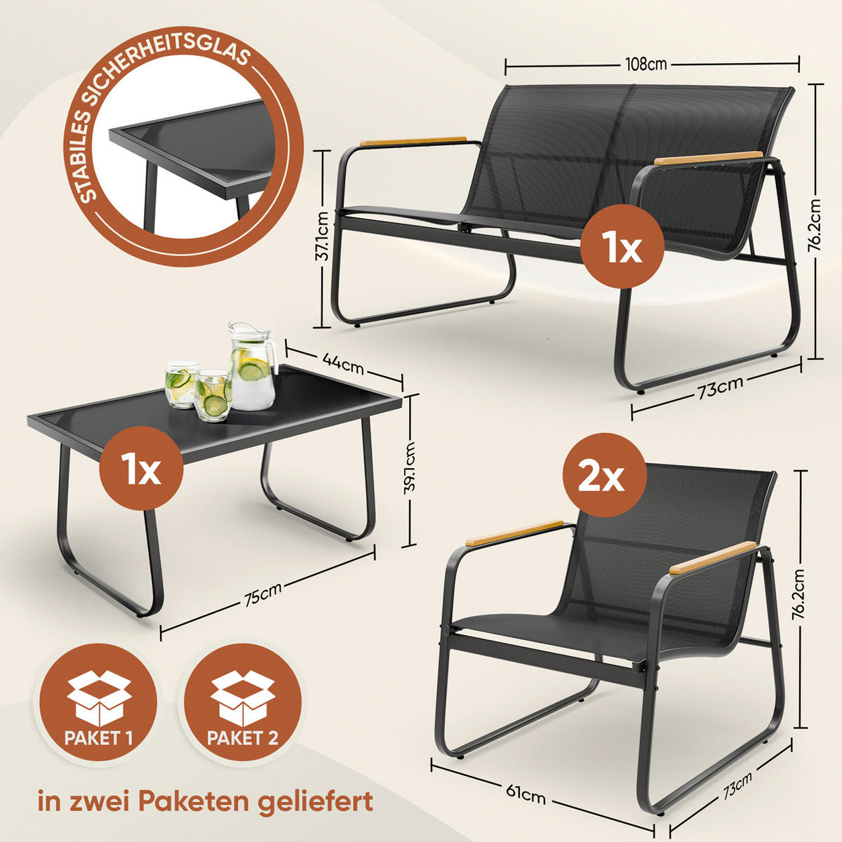 GARTENMÖBEL 4er Set, 2 Sessel 1 Tisch und 1 Bank, Anthrazit - Anthrazit, Metall - Blumtal
