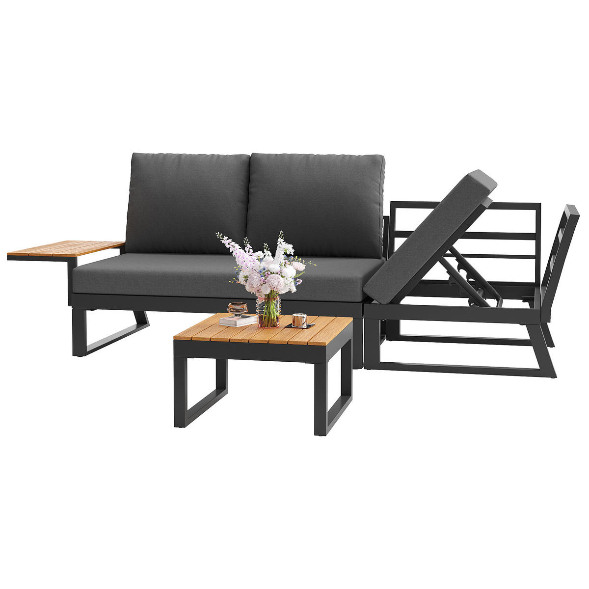GARTEN-LOUNGE-SET 7-Sitzer mit Eisengestell, Holzarmlehnen & WPC-Tisch, 110/62/75 cm, Grau - Grau, Metall - Redom