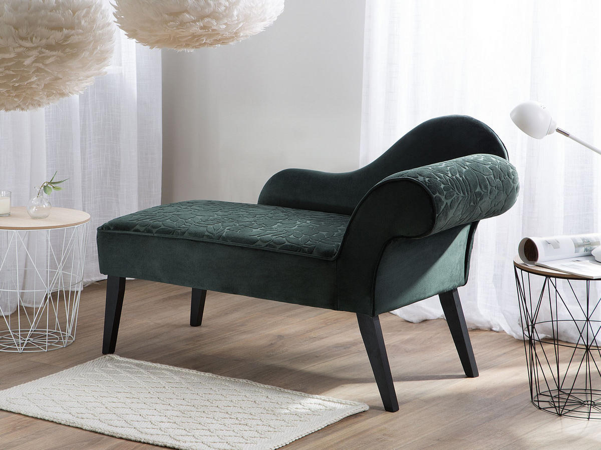 CHAISELONGUE Samtstoff dunkelgrün Blättermuster rechtsseitig Biarritz - Grün, Textil (116/77/56cm) - Beliani