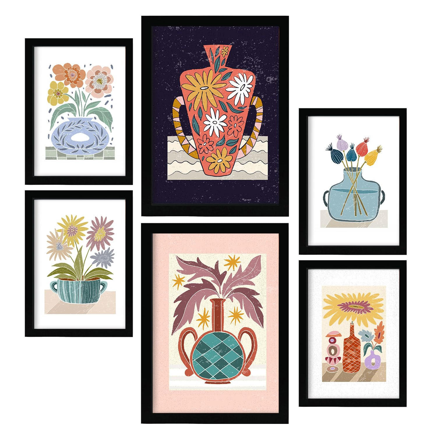 POSTER Set Mit 6 Drucken Vase In Der Sammlung Von Ethnischenabzügen Dekorative Rahmen Für Ihr Zuhause Wandkunstdruck A3 & A4 Schwarzer Rahmen - Schwarz, Papier (29/3cm) - Nacnic