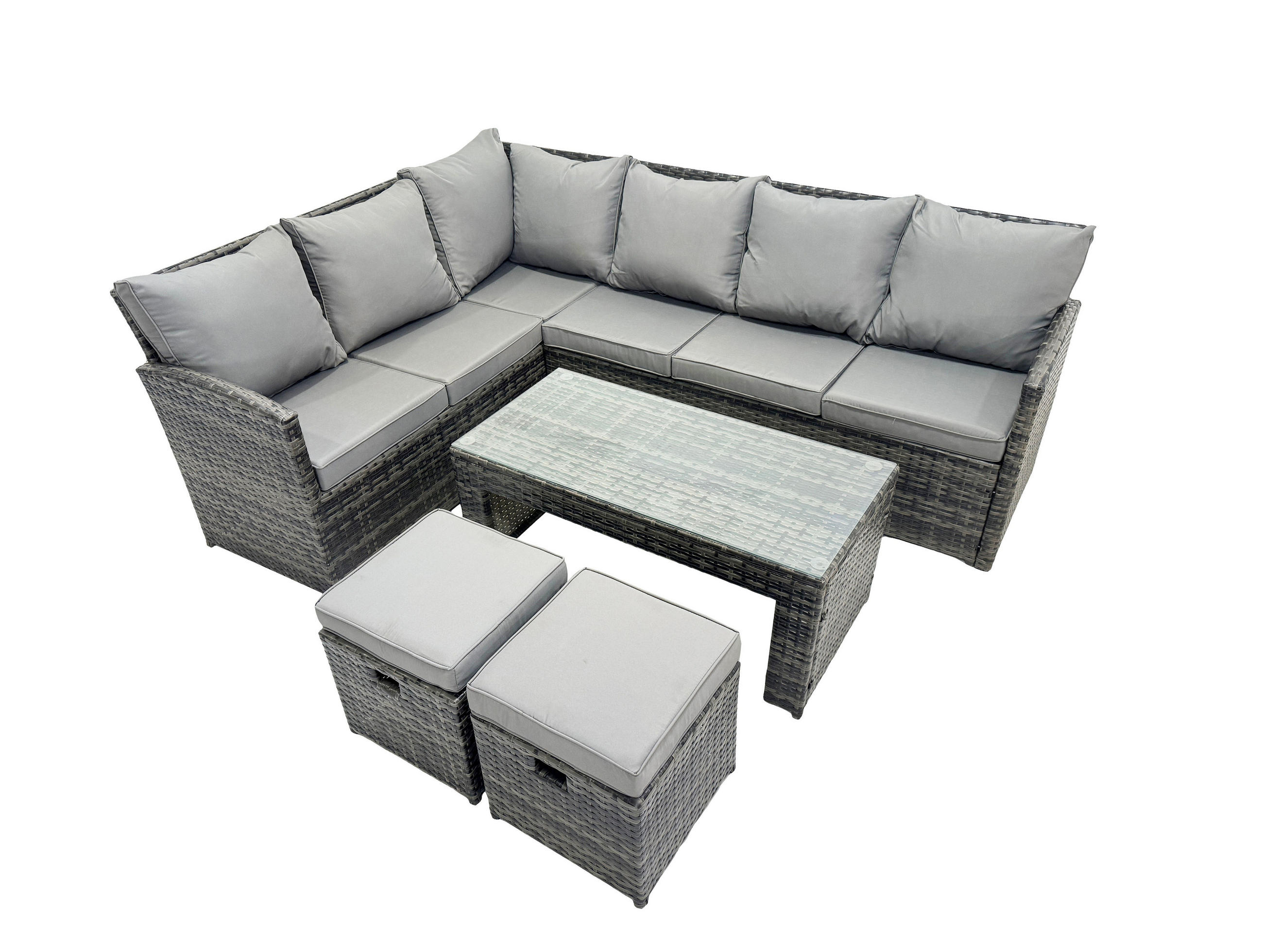 SITZGRUPPE mit Ecksofa,Länglicher Couchtisch,2 Kleine Hocker Polyrattan 8-Sitzer - Dunkelgrau/Grau, Glas/Kunststoff - Fimous