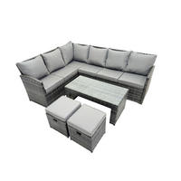 SITZGRUPPE mit Ecksofa,Länglicher Couchtisch,2 Kleine Hocker Polyrattan 8-Sitzer - Dunkelgrau/Grau, Glas/Kunststoff - Fimous
