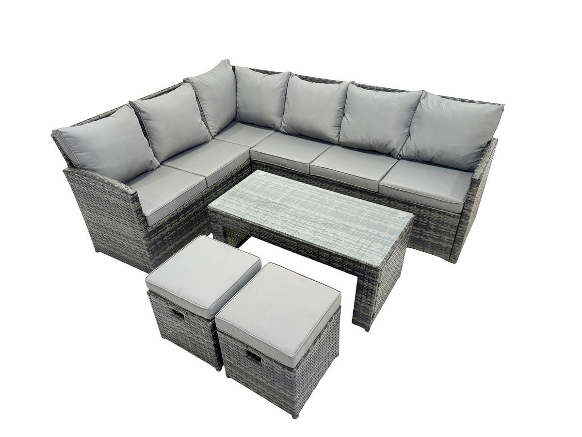 SITZGRUPPE mit Ecksofa,Länglicher Couchtisch,2 Kleine Hocker Polyrattan 8-Sitzer - Dunkelgrau/Grau, Glas/Kunststoff - Fimous