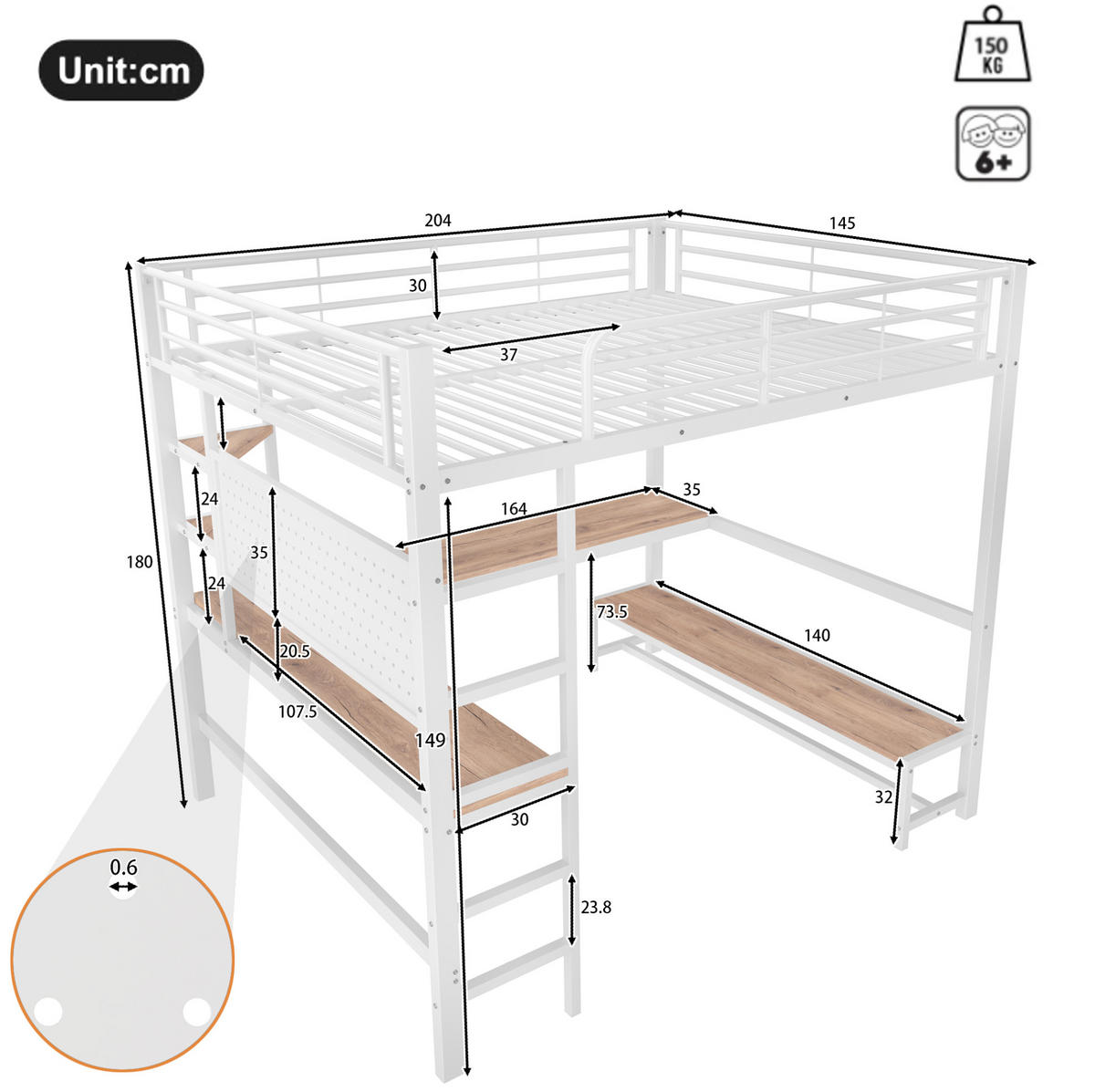 HOCHBETT 140/200 cm Weiß aus Metall mit Schreibtisch - Weiß, Metall (140/200cm) - OKMYHOME