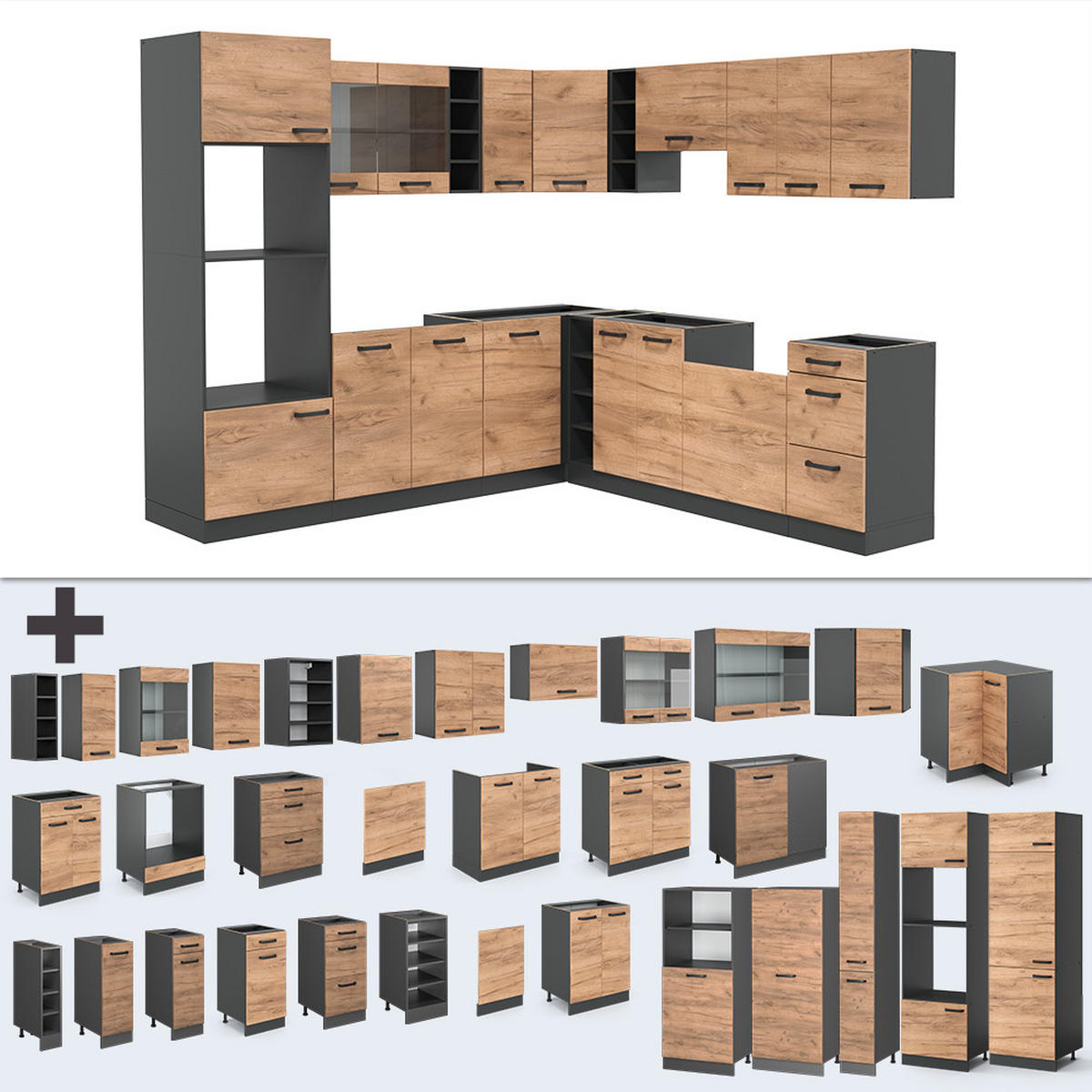 ECKKÜCHE R-Line Goldkraft Eiche/Anthrazit 237 x 60 cm ohne Arbeitsplatte - Anthrazit/Eiche Wotan, Holzwerkstoff (247/81.6/46cm) - Vicco