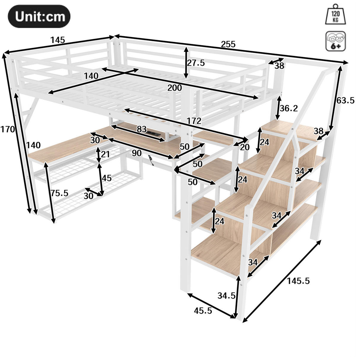 HOCHBETT 140/200 cm weiß aus Metall mit Schreibtisch, LED und USB - Weiß, Metall (140/200cm) - OKWISH