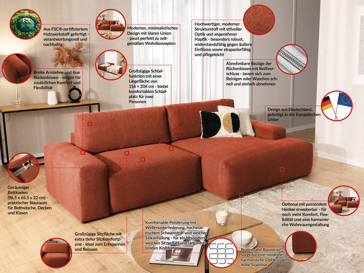 ECKSOFA Lennon aus Terrakotta Strukturstoff mit Schlaffunktion und Bettkasten - Terracotta/Schwarz, Holz/Kunststoff (264/137cm) - S-Style