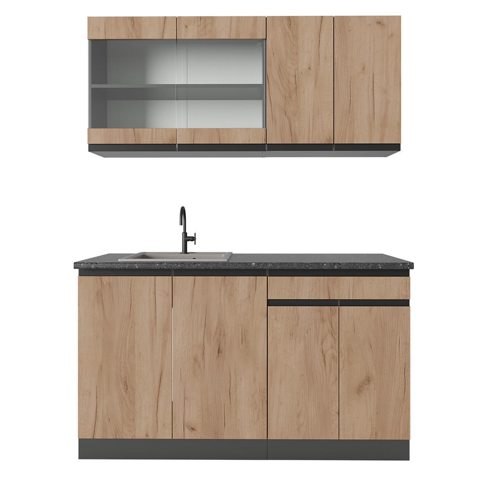 SINGLEKÜCHE R-Line Goldkraft Eiche/Anthrazit 140 cm J-Shape - Honigeiche/Anthrazit, Holzwerkstoff (140/81.6/46cm) - Vicco