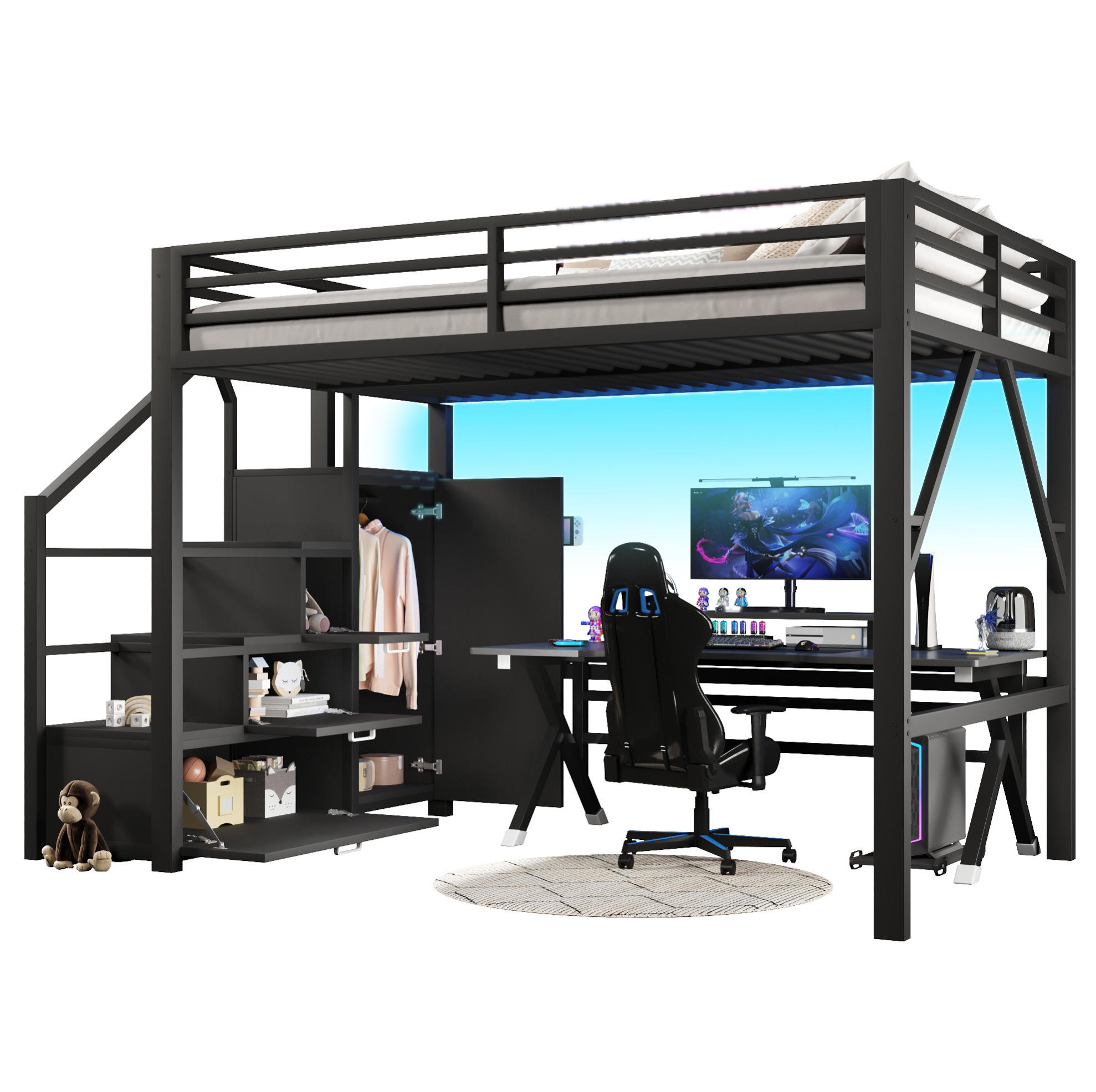 HOCHBETT 140/200 cm schwarz aus Metall/MDF mit Schrank und LED - Schwarz, Holzwerkstoff (140/200cm) - OKWISH