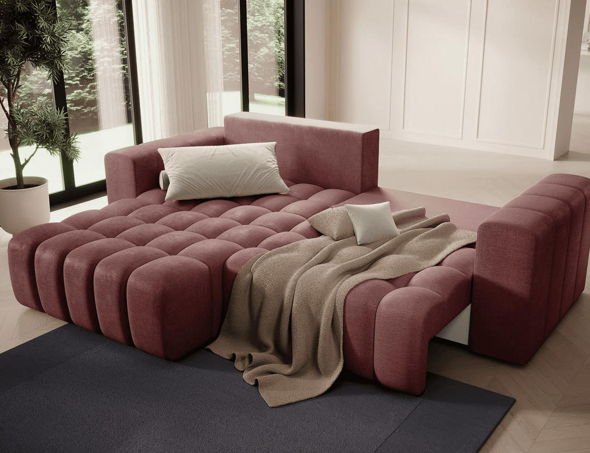 ECKSOFA mit Schlaffunktion und Bettkasten, Velours-Stoff - Rot/Schwarz, Textil (250/175cm) - Eltap