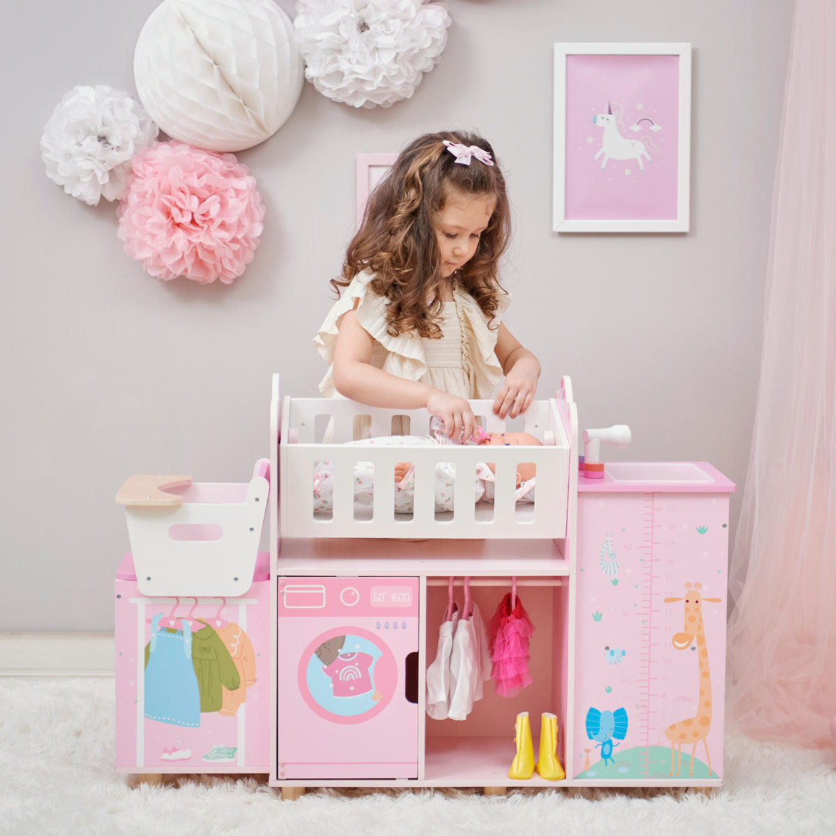 NURERY 6-in-1 Puppen mit Wiege, 63cm, Rosa - Pink, Holzwerkstoff (28/63/93cm) - Teamson Kids