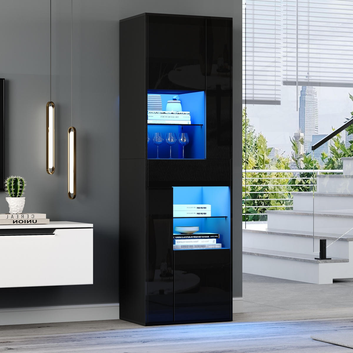 VITRINE in Schwarz Verkaufsvitrine mit LED-Beleuchtung und 1 Schublade für Wohnzimmer, B55/T38/H170cm - Schwarz/Weiß, Glas/Holzwerkstoff (55/170/38cm) - STILVORA