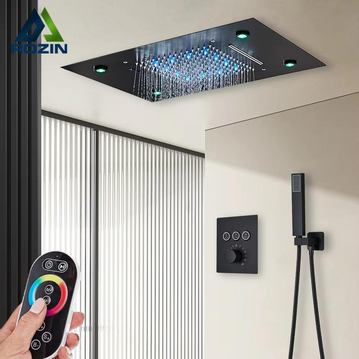 ÜBERKOPFBRAUSESET Thermostat, Schwarz, LED Regenkopf - Schwarz, Metall (49/20/35cm) - Kaket