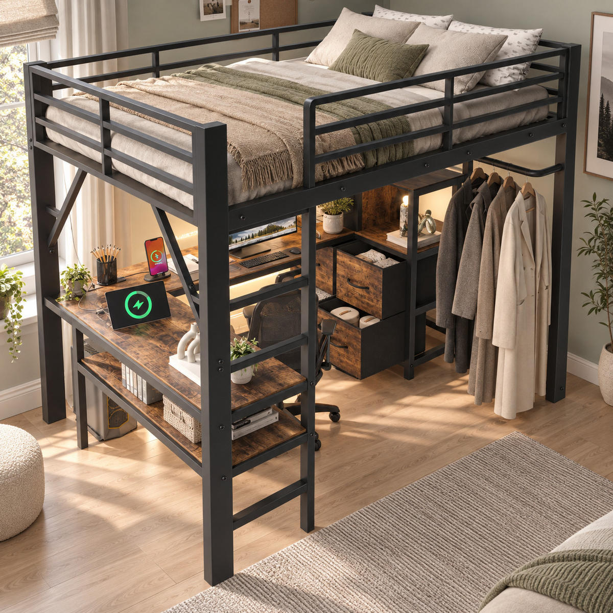 HOCHBETT aus Metall und MDF 140x200 cm Vintage-Braun-Schwarz mit Schreibtisch, LED und 7 Stoffschubladen - Schwarz, Metall (140/200cm) - Modfu