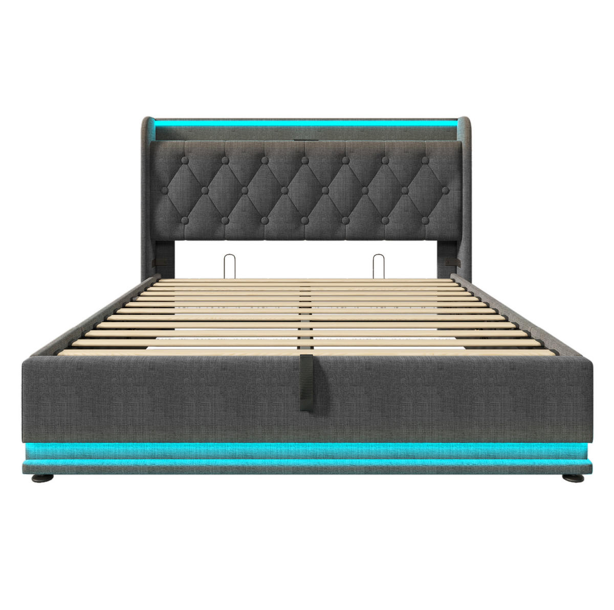 ČALOUNĚNÁ postel 160/200 cm šedá, s LED osvětlením, USB-C a úložným prostorem - šedá, textil (160/200cm) - BEAOK