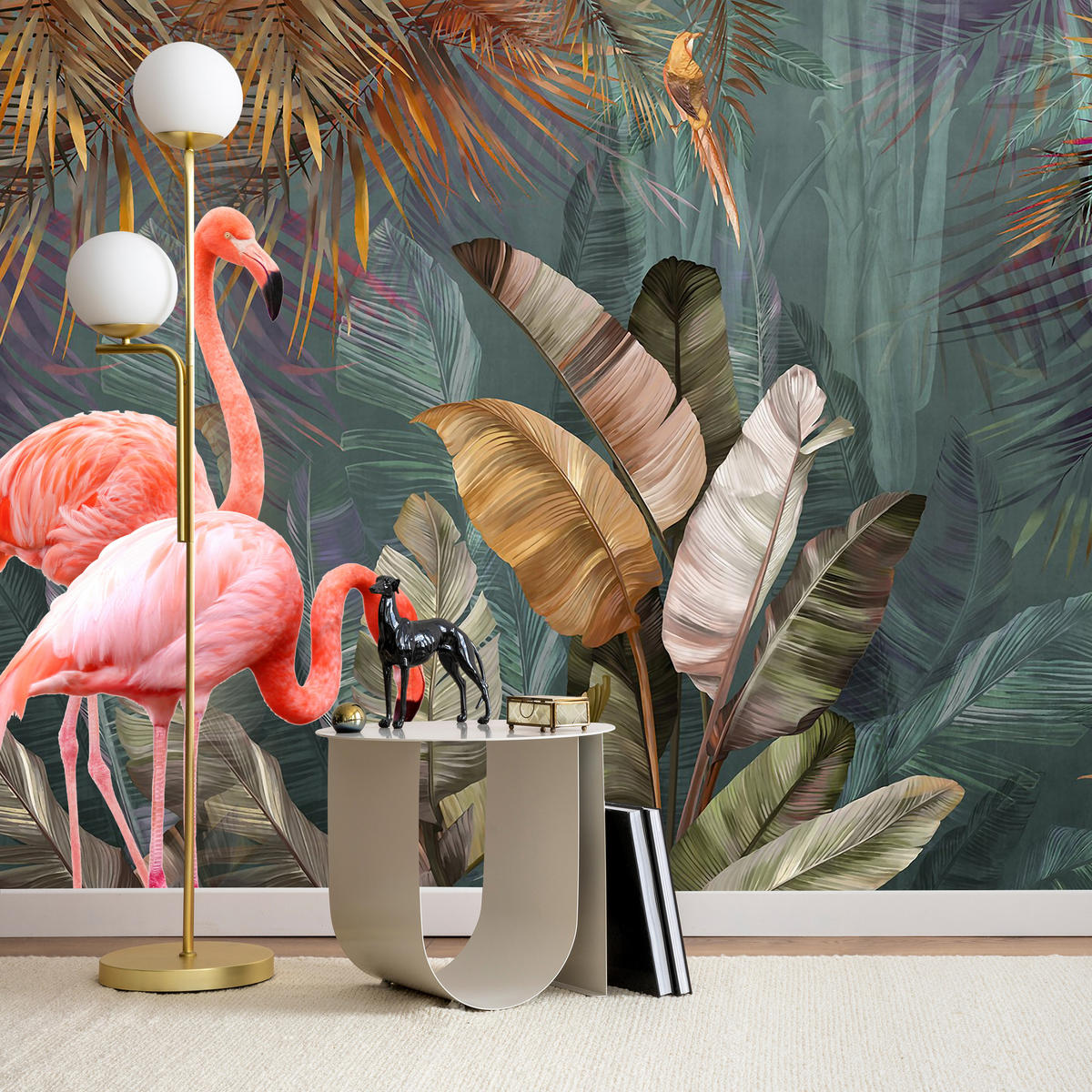 FOTOTAPETE für Wohnzimmer Flamingos Dschungel Blätter Tropisch 450x315 - Multicolor, Papier (450/315cm) - Muralo
