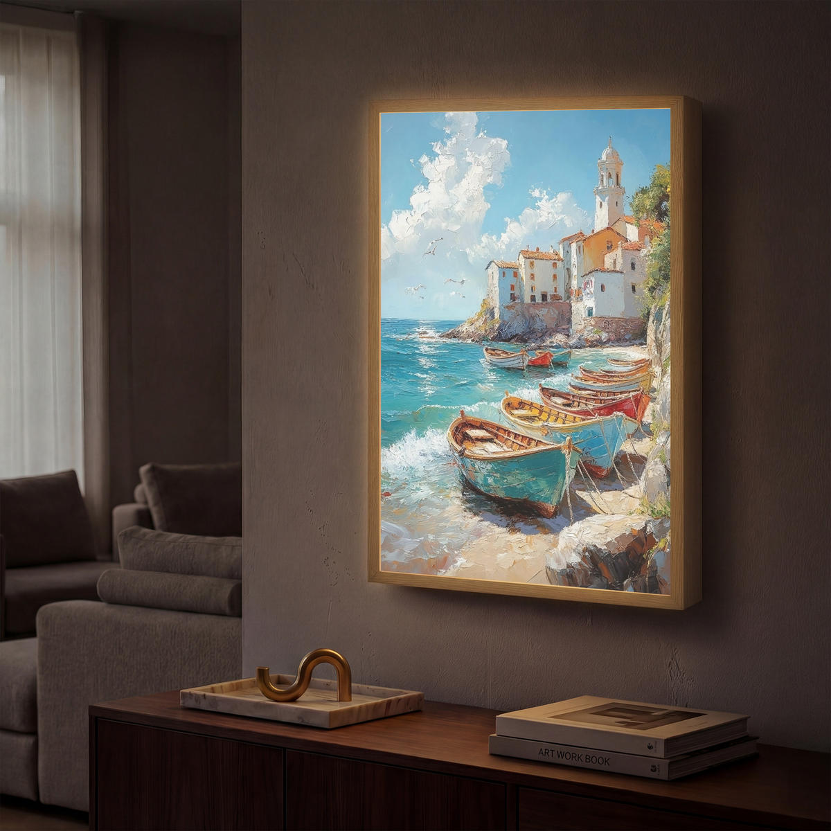 NÁSTĚNNÁ LAMPA S AKUMULÁTOREM Lodě - skály - moře - slunce 40x60 cm - modrá, kompozitní dřevo (40/60/8cm) - OnlyWow
