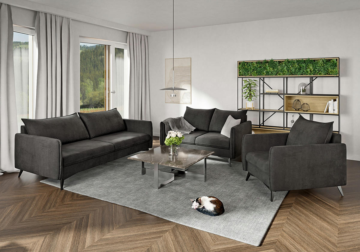SITZGARNITUR 3+2+1 Pulse Graphit Luxusmikrofaser - Graphitfarben/Schwarz, Holz/Textil (199/86/91cm) - S-Style Möbel