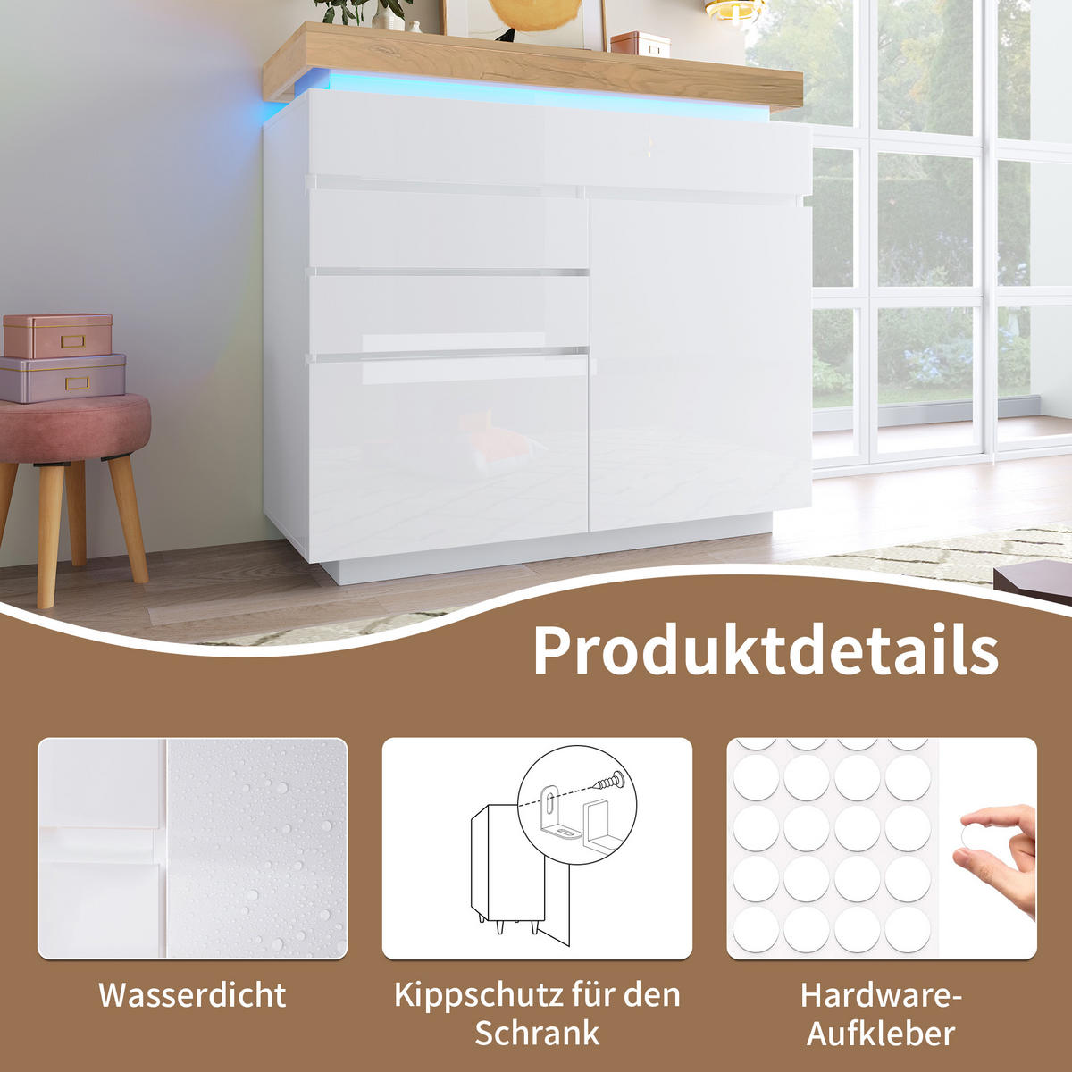 KOMMODE Vitrinenschrank Hochglanz LED Touch Steuerung verstellbare Böden Soft Rollenschiene Kippschutz - Weiß, Holzwerkstoff (110/115/39cm) - EVRYAE