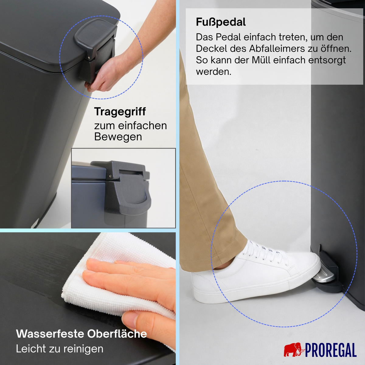 MÜLLEIMER 50 Liter mit Softclose & Fußpedal - Schwarz, Metall (41.5/67.5/49cm) - PROREGAL