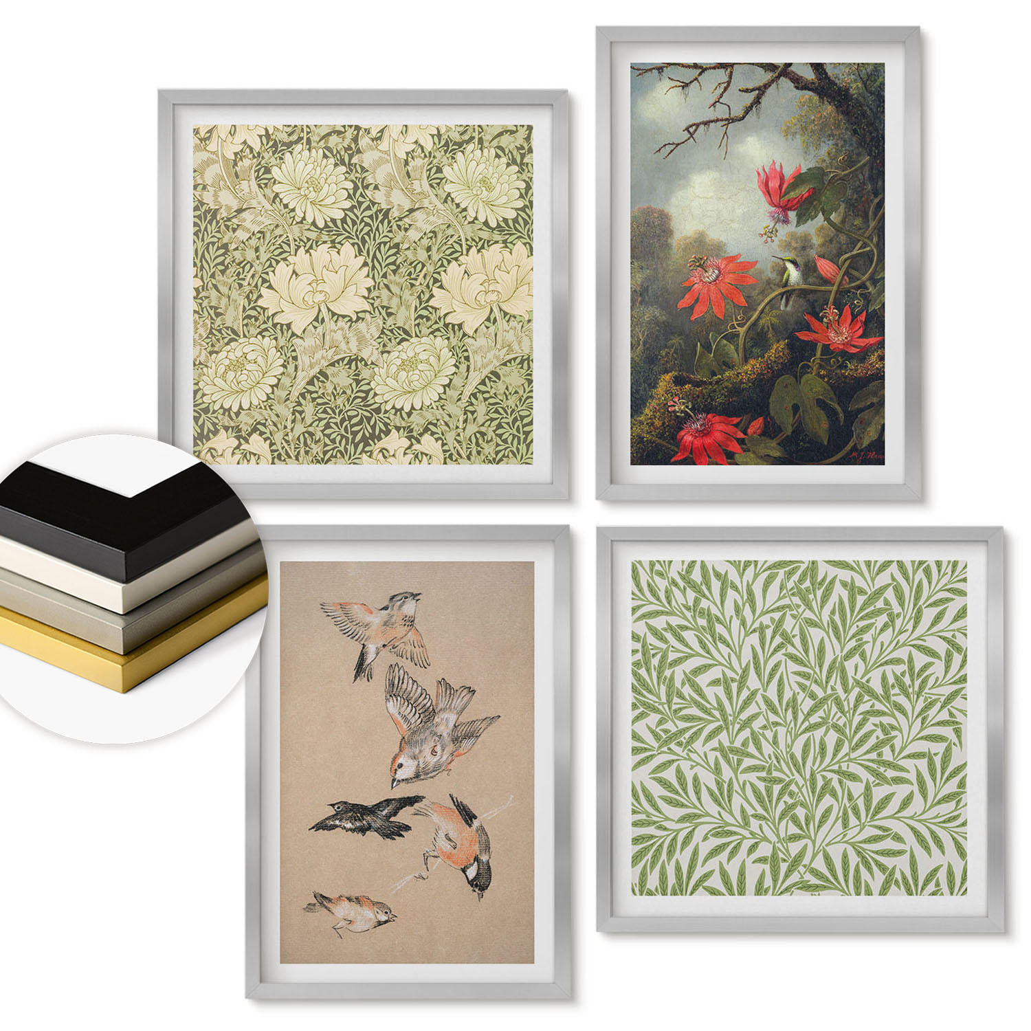 WANDBILDER 4er Set - 50x50 cm & 40x60 cm Silberner Rahmen - Blumen und Vögel in natürlicher Umgebung - Silberfarben, Kunststoff (50/50cm) - ArtPrintCave