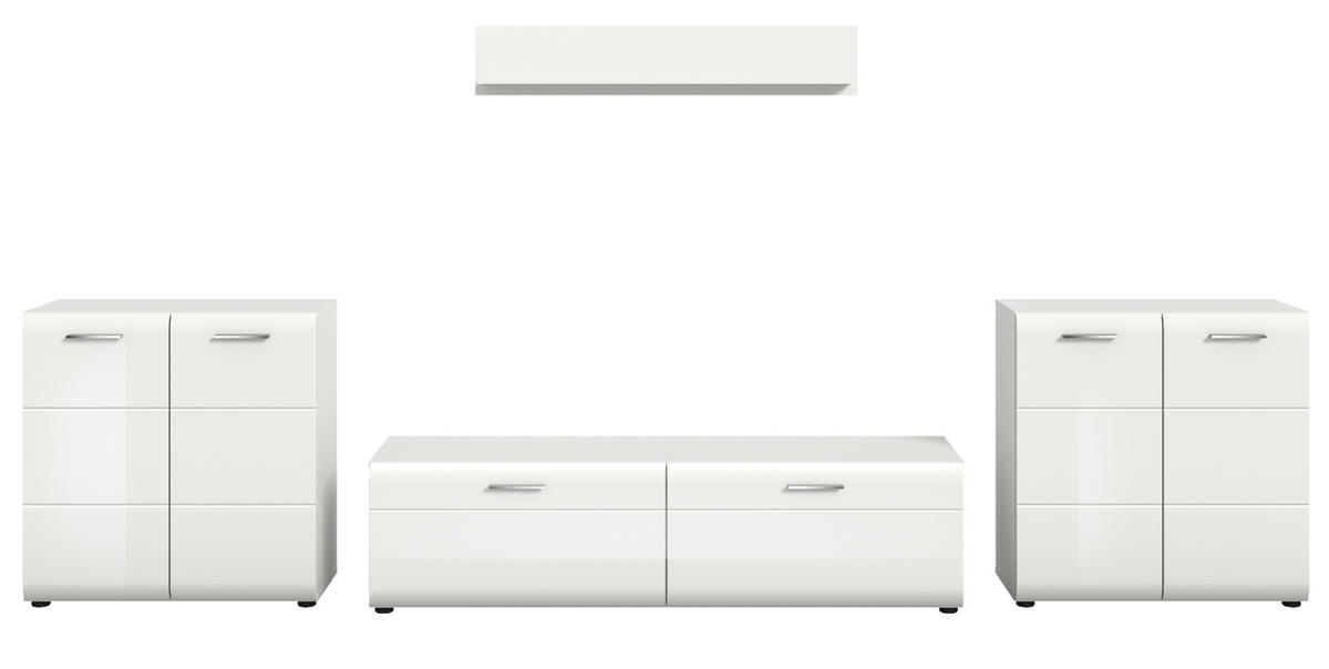 WOHNWAND weiß Hochglanz 4-teilig 350 cm, Schrankwand mit viel Stauraum - Weiß Hochglanz/Silberfarben, Glas/Holzwerkstoff (350/160/41cm) - Inn.Furn