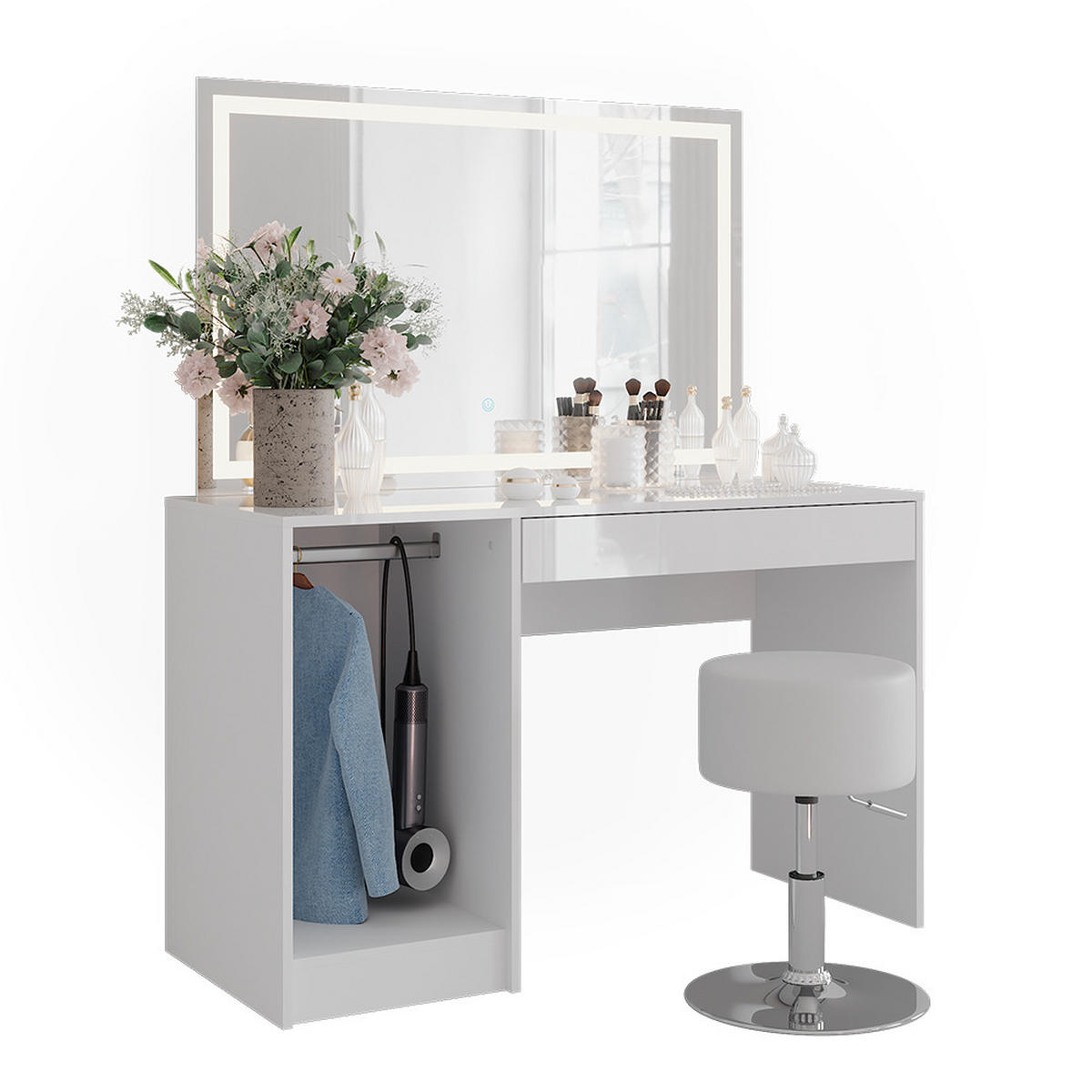 SCHMINKTISCH Sherry Weiß/Weiß Hochglanz 119.8 cm mit LED-Beleuchtung und Hocker - Weiß Hochglanz, Holzwerkstoff (119.8/76/50.1cm) - Vicco