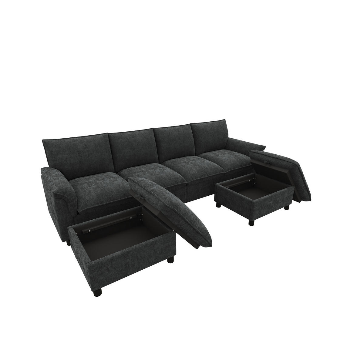 WOHNLANDSCHAFT 264.5/142.5/84 cm Schwarz mit 2 Aufbewahrungs-Ottomane - Schwarz, Textil (142.5/84/264.5cm) - Oxeza