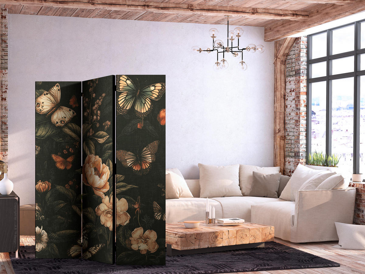 PARAVENT Akustik 3-tlg 135x172 cm Schmetterlinge und Blumen - Schwarz, Holz/Textil (135/172/3cm) - Muralo