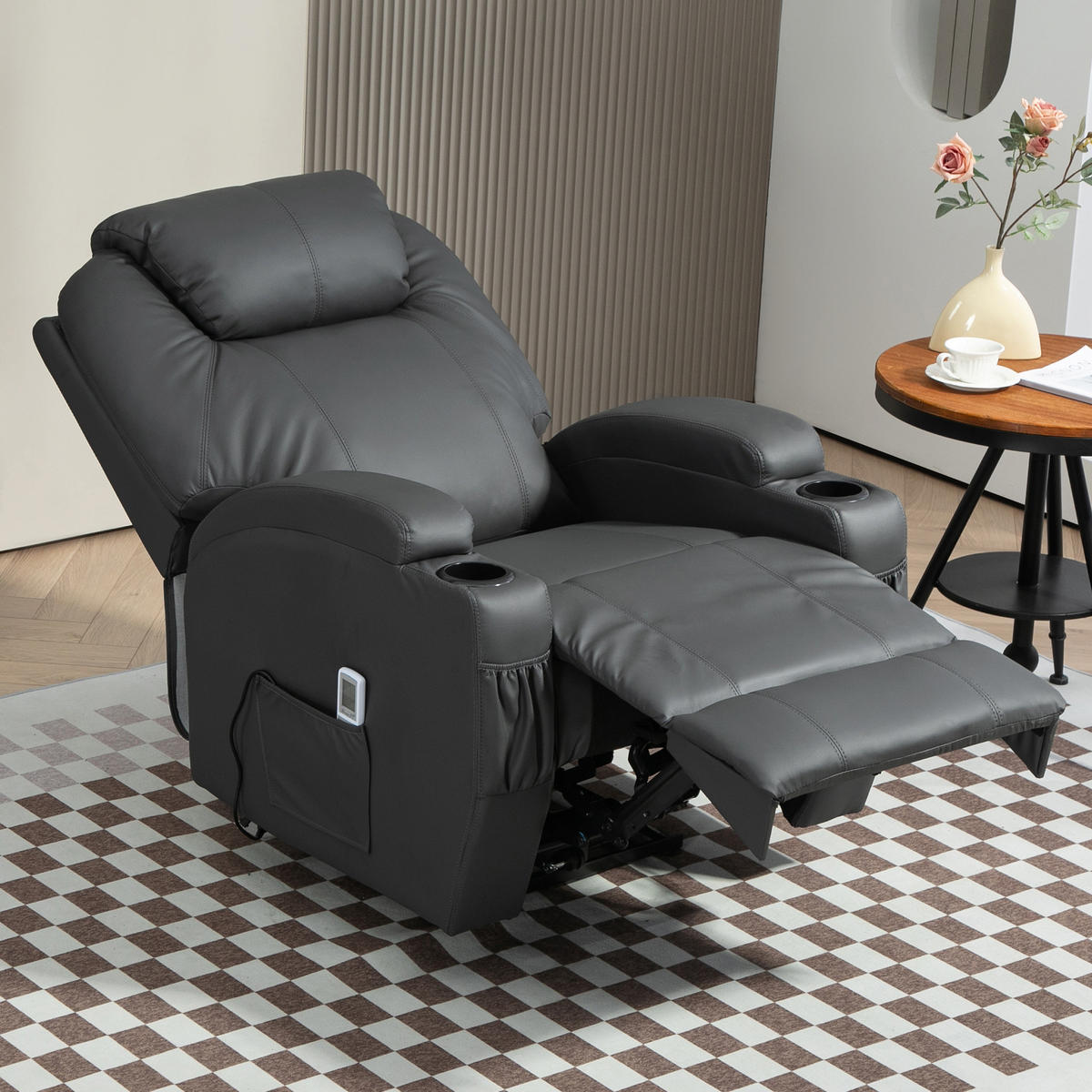 RELAXSESSEL mit Massagefunktion, Elektrisch Fernsehsessel mit Liegefunktion - Dunkelgrau/Schwarz, Leder (97/110/82cm) - HOMCOM