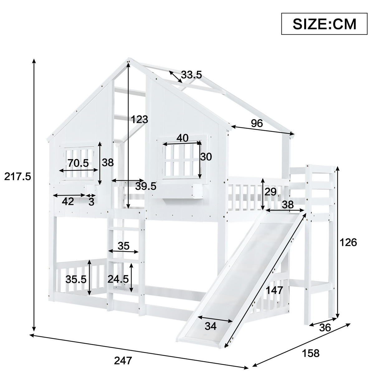 ETAGENBETT 90/200 cm mit Rutsche, Dach, Fenstern und Fallschutz, Kiefer/MDF, Weiß/Natur - Weiß, Holz (90/200cm) - Redom