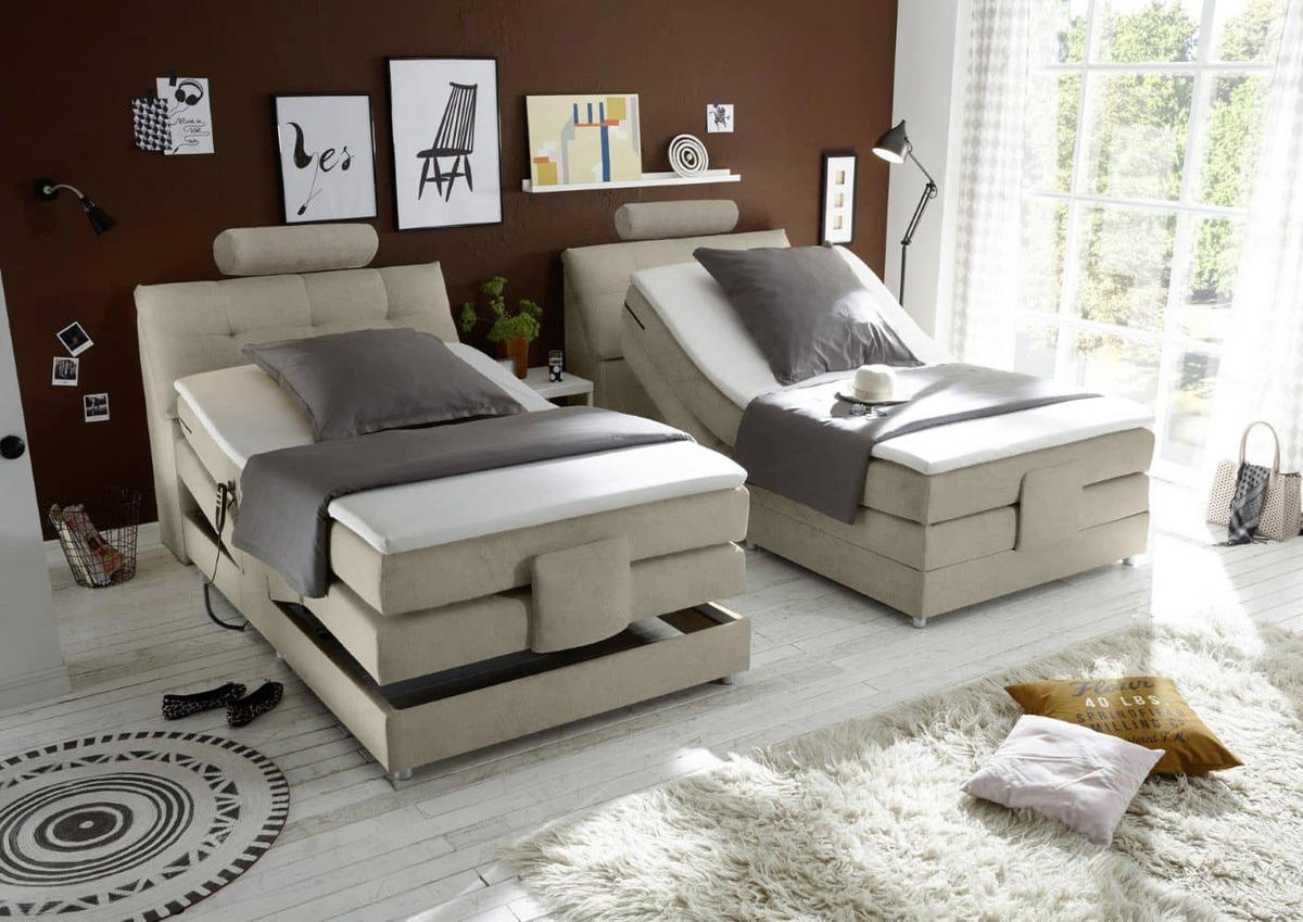 BOXSPRINGBETT inkl. Elektrofunktion, 7-Zonen-Tonnentaschen-Federkernmatratze und Komfort T25 Schaumtopper - Sandfarben/Beige, Holz/Holzwerkstoff (120/200cm) - ed exciting design