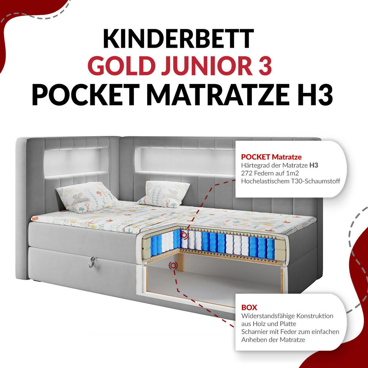 BOXSPRINGBETT JUNIOR GOLD 3 90/200 Grau/Weiß - linke Seite - Weiß/Grau, Holz/Textil (90/200cm) - MKS