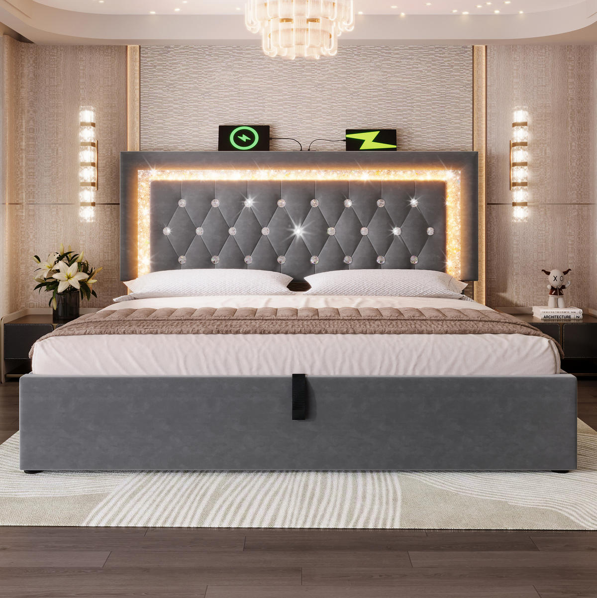 POLSTERBETT mit LED, USB und Stauraum 140x200 cm Samt Grau inkl. Matratze - Grau, Metall (140/200cm) - Meubliv