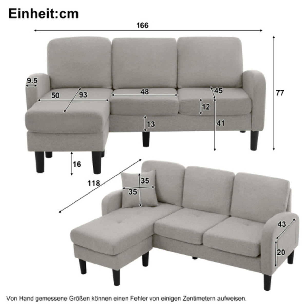 ECKSOFA L-Form 3-Sitzer mit Chaiselongue Baumwoll-Leinen Grau 166/118/77 cm - Hellgrau, Kunststoff (166/118cm) - OKWISH