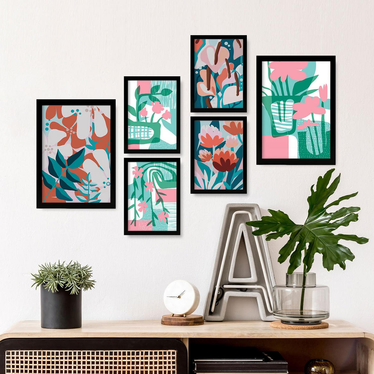 POSTER Set Mit 6 Pinkes Grün In Blume Zusammenfassung Ästhetische Dekorative Gemälde Für Ihr Wohnzimmer Schlafzimmer Zuhause A3 & A4 Schwarzer Rahmen - Schwarz, Papier (29/3cm) - Nacnic